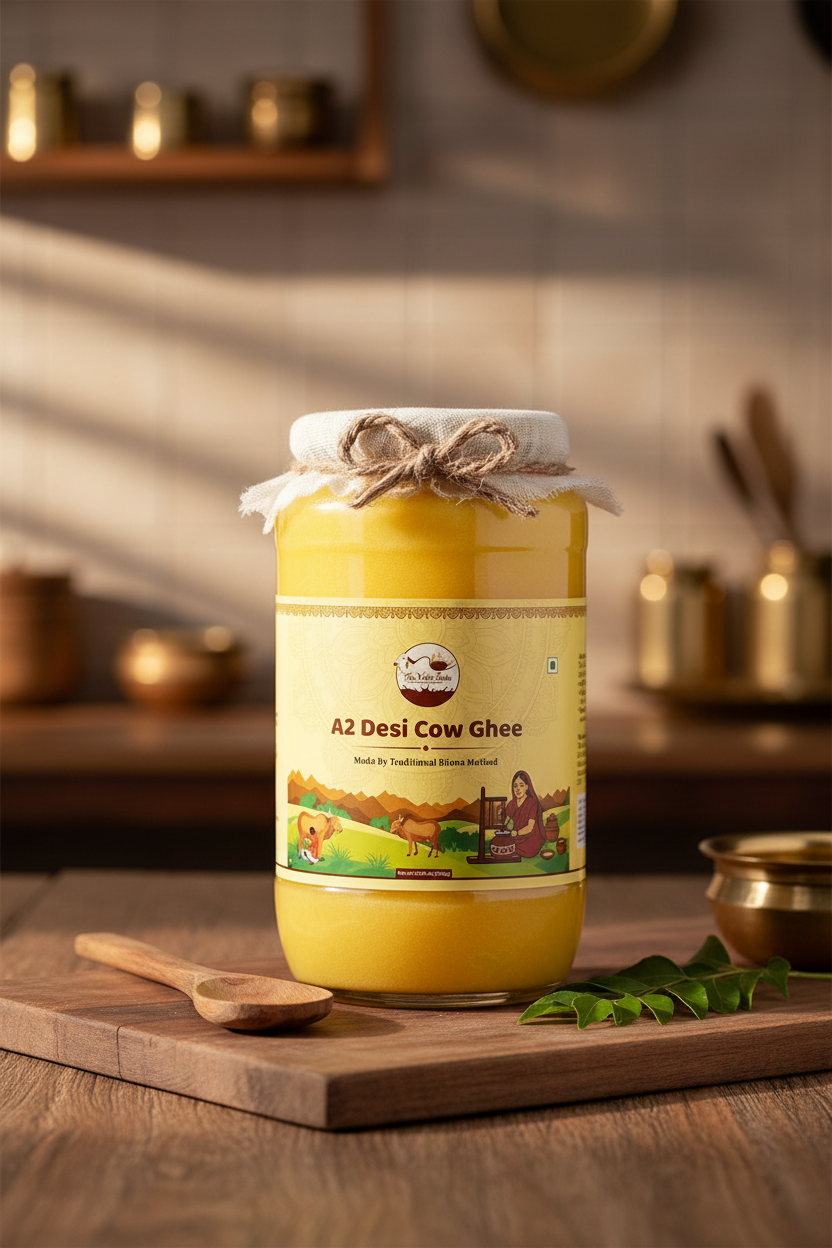 A2 Desi Cow Ghee product image in traditional Indian kitchen setting